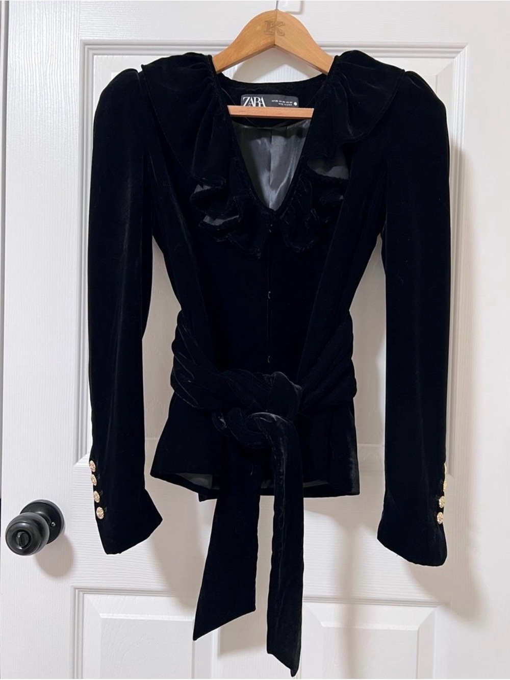 Zara Black Velvet Ruffle-Collar Tie-Waist Blazer